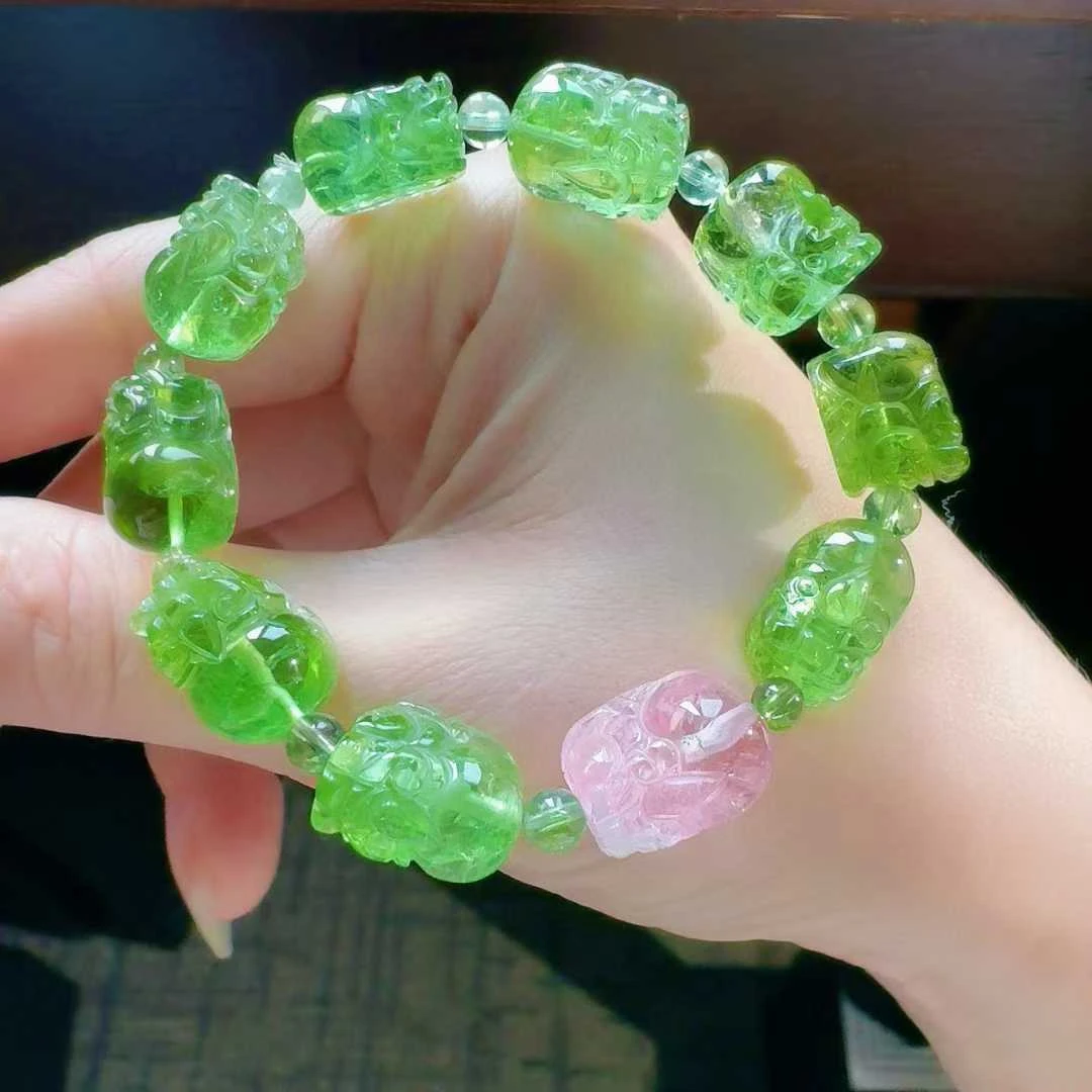 天然真品绿貔貅碧玺单圈手链15/9.6/10mm30.2g正品全色碧玺手串女