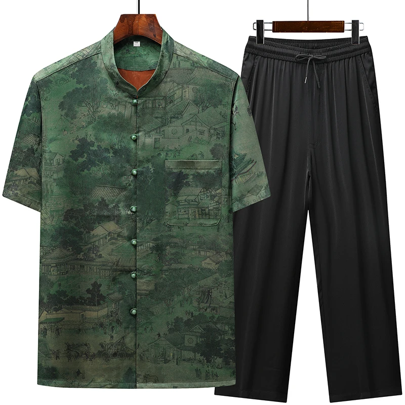 常规短款中国风唐装男印花老年人短袖高档男士薄款半袖夏季爸爸装