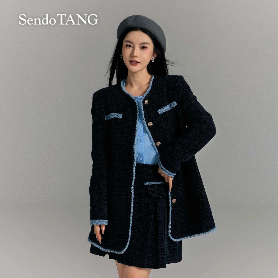 限定高货【洛心】胖多女装新款撞色拼接毛边小香风外套裙子套装