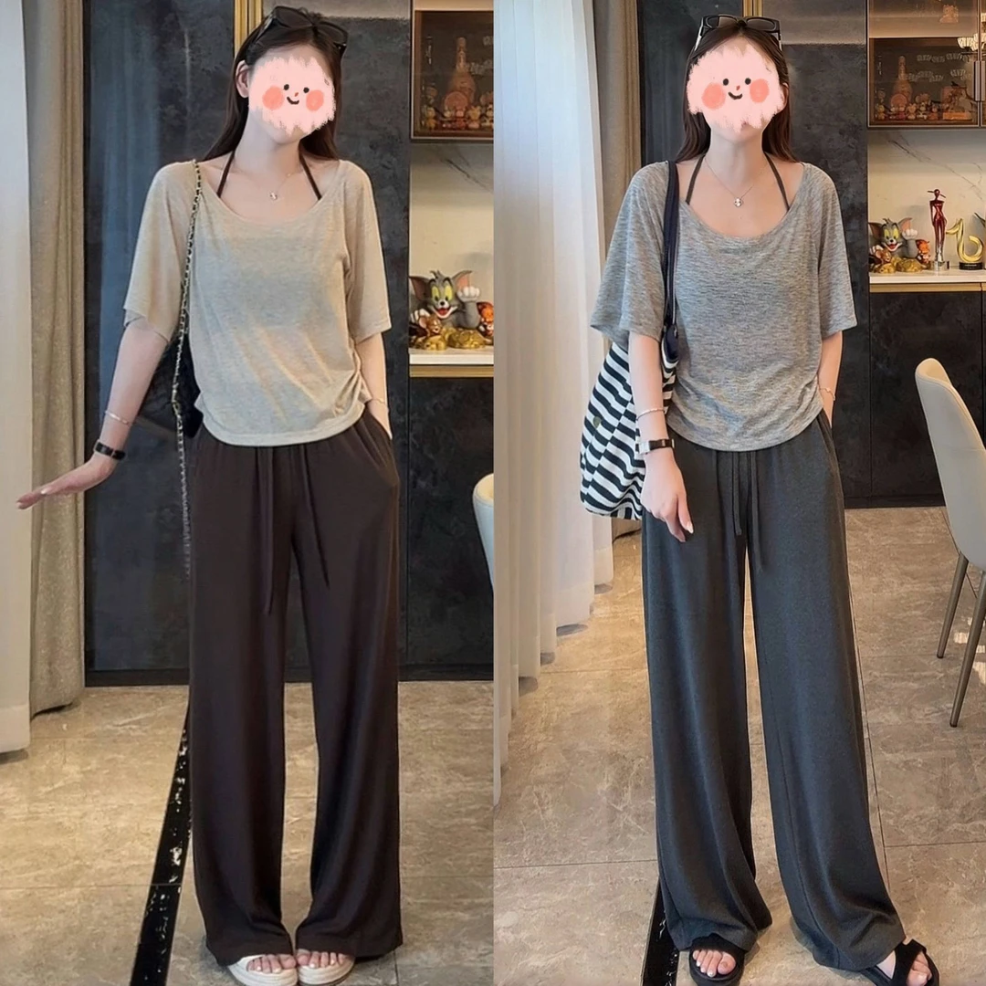 2025夏季呼吸感U领中袖防晒罩衫+胸垫挂脖背心显瘦休闲裤三件套女