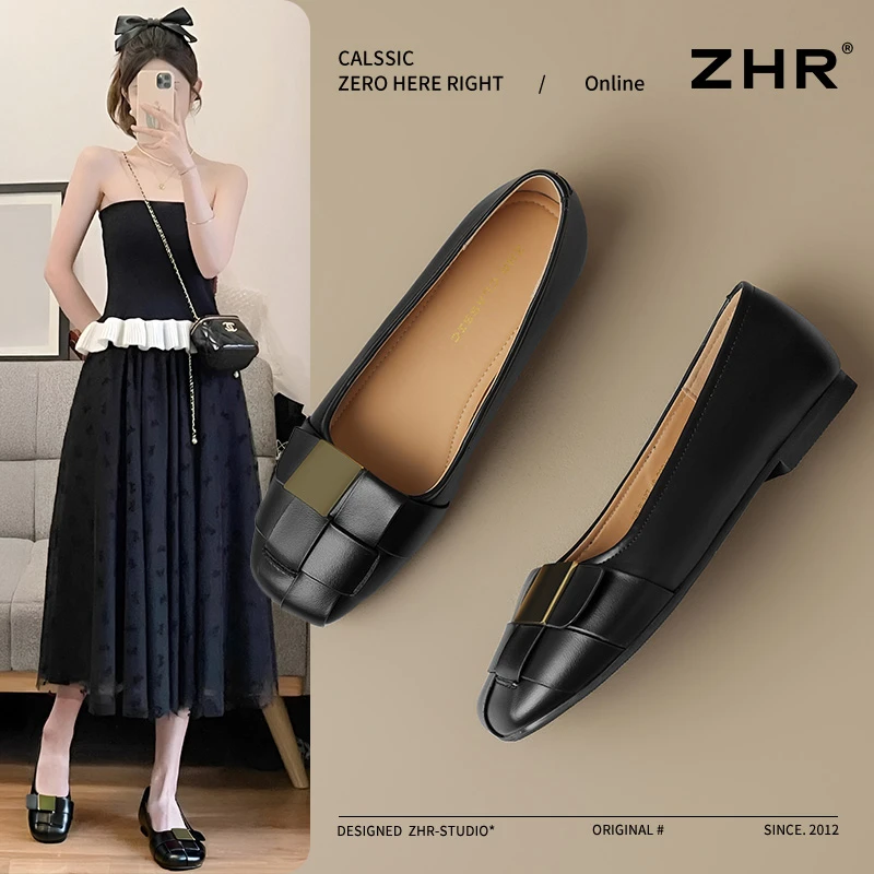 ZHR/则则平底单鞋女秋季浅口百搭一脚蹬豆豆鞋通勤舒适软底小皮鞋