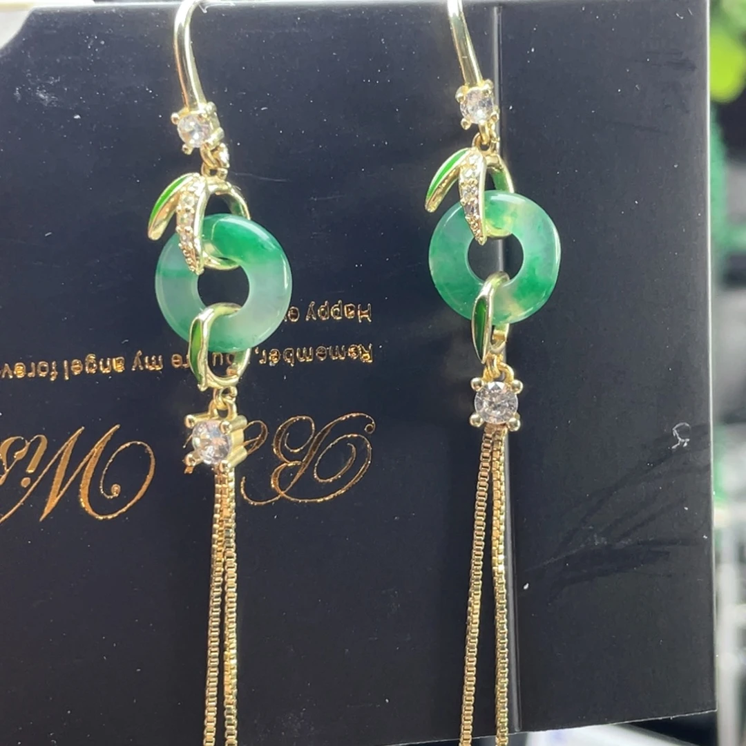 石英质玉（非洲翠）合金耳坠甜甜圈流苏耳钩款