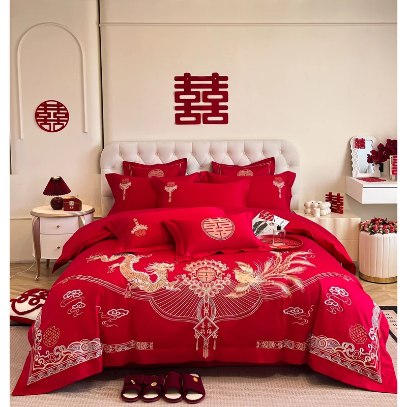 富安娜家纺A类龙凤刺绣纯棉全棉大红婚庆四件套娶嫁结婚高端礼盒4