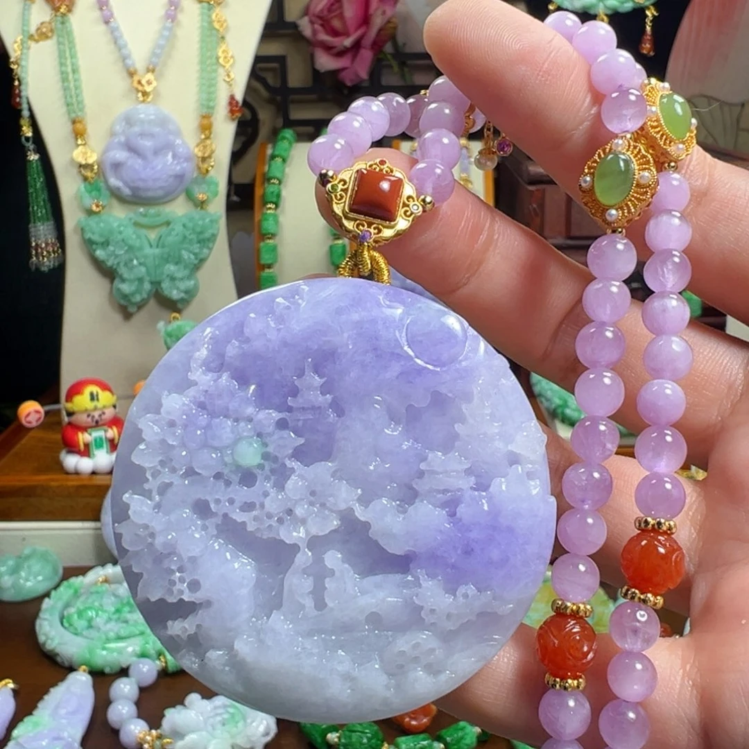 翡翠未镶嵌毛衣链紫山水