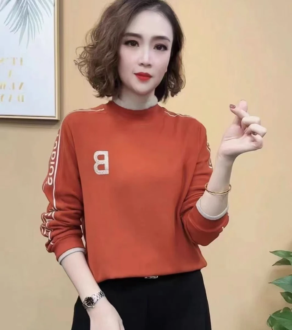 半高领双面绒打底衫气质百搭字母烫钻拼接上衣女394