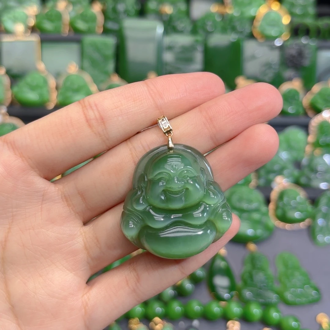 颈饰18K金镶嵌和田玉（碧玉）一线天粉青冰猫35m