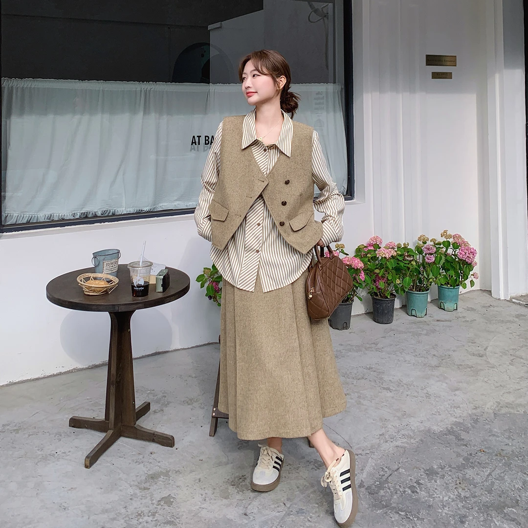 韩系小香风复古马甲衬衣半身裙套装2025秋季新款百搭老钱风三件套