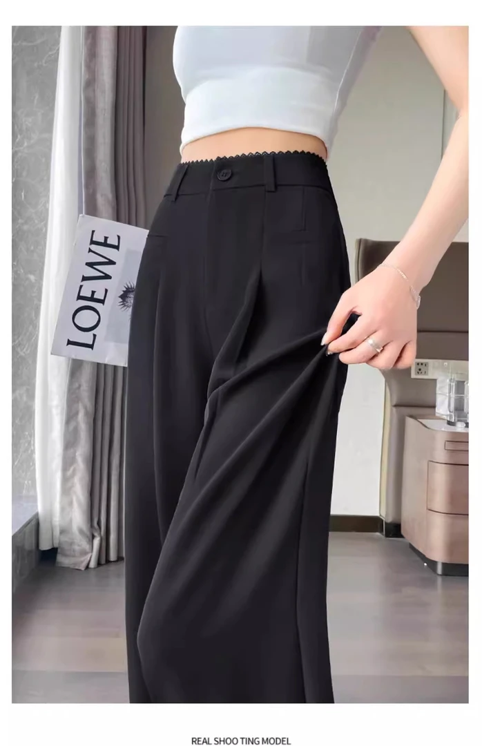 黑色阔腿西装裤女2025春夏季新款蕾丝花边高腰显瘦垂感直筒休闲裤