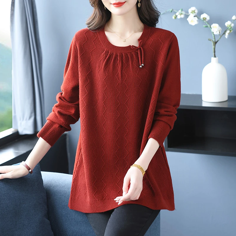 中年妈妈红色毛衣女士秋冬2025新款遮屁股上衣内搭加厚针织打底衫