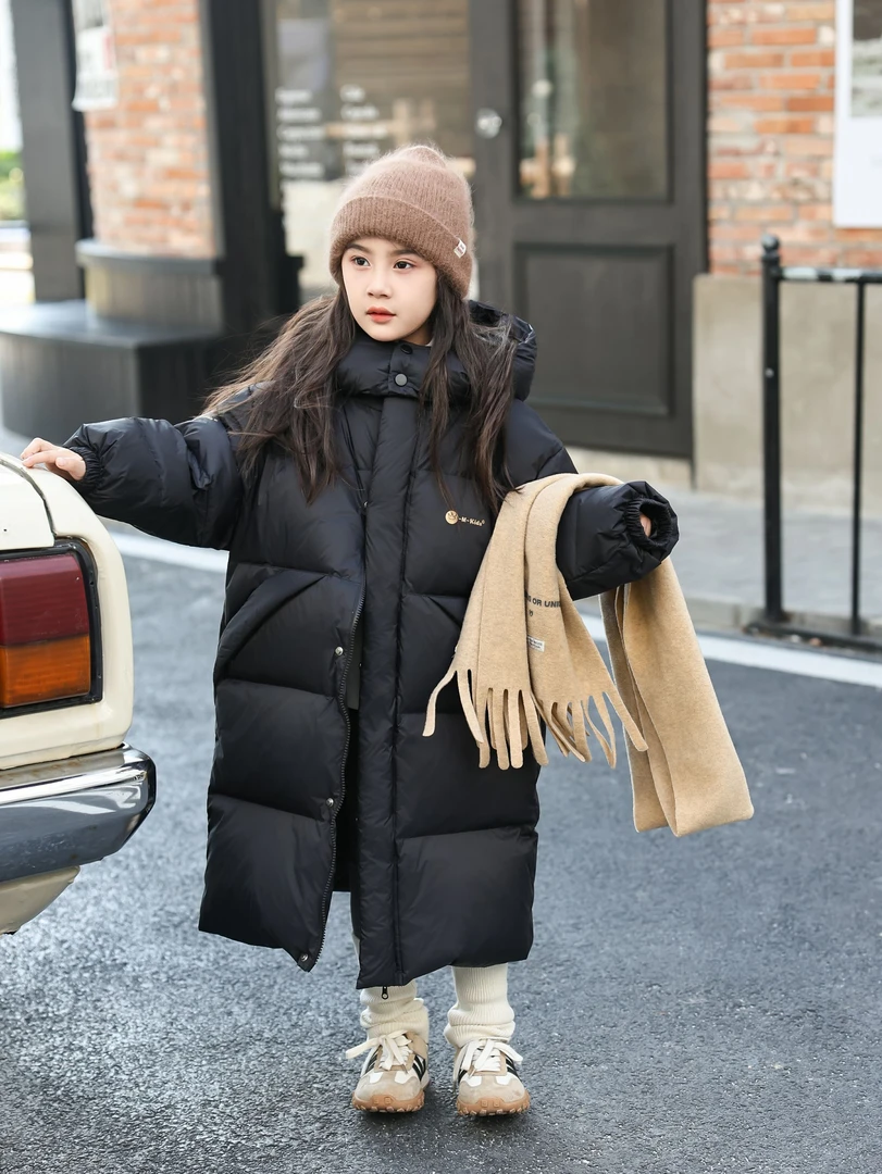 白鸭绒儿童长款羽绒服过膝中大童男女保暖蓬松御寒连帽防风#长款