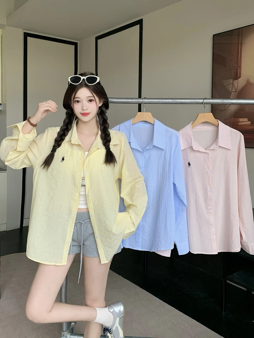 2025年夏季新款大码女装防晒休闲衬衣条纹长袖宽松衬衫3319