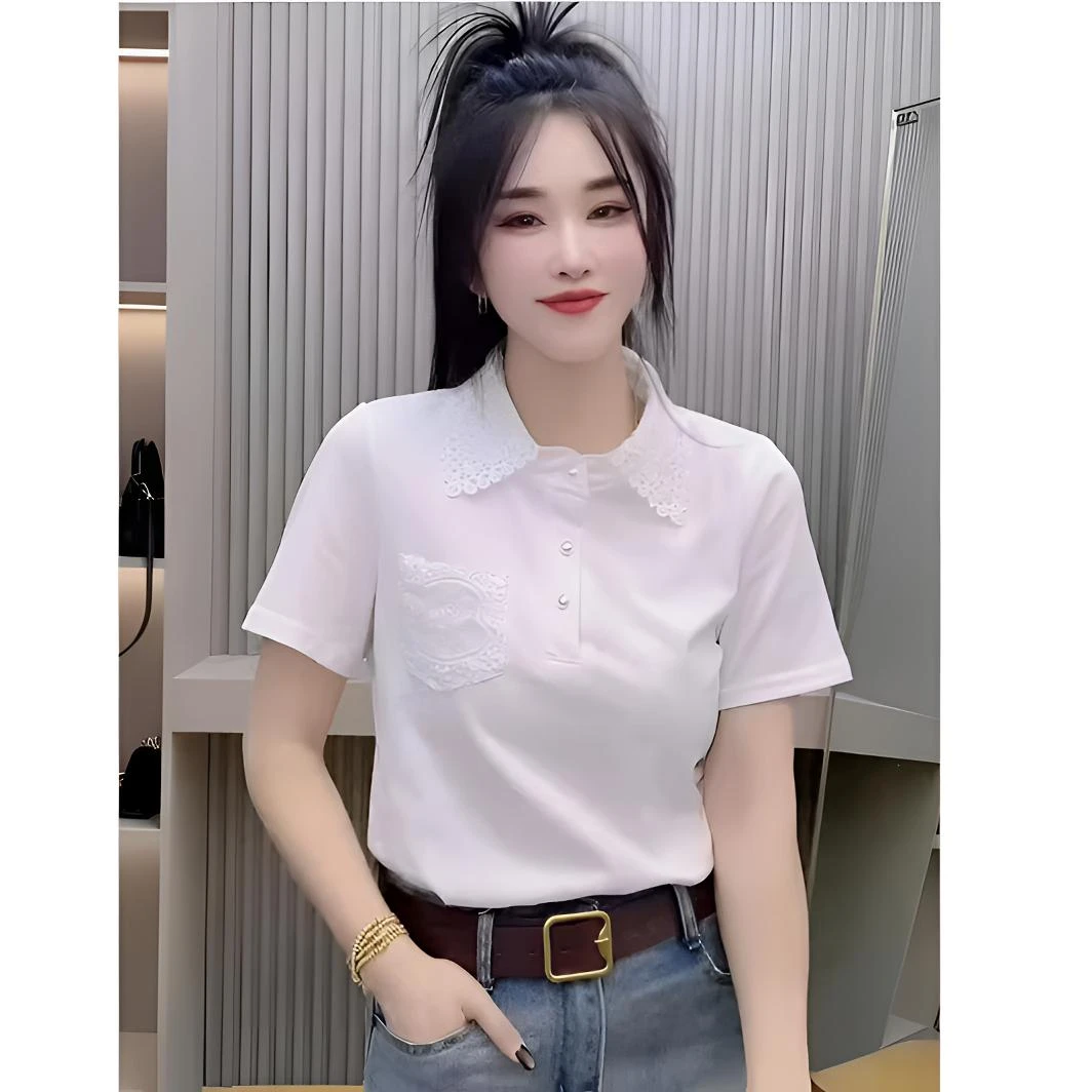 蕾丝Polo领短袖t恤女2025夏季新款设计感时尚百搭圆领上衣体恤潮