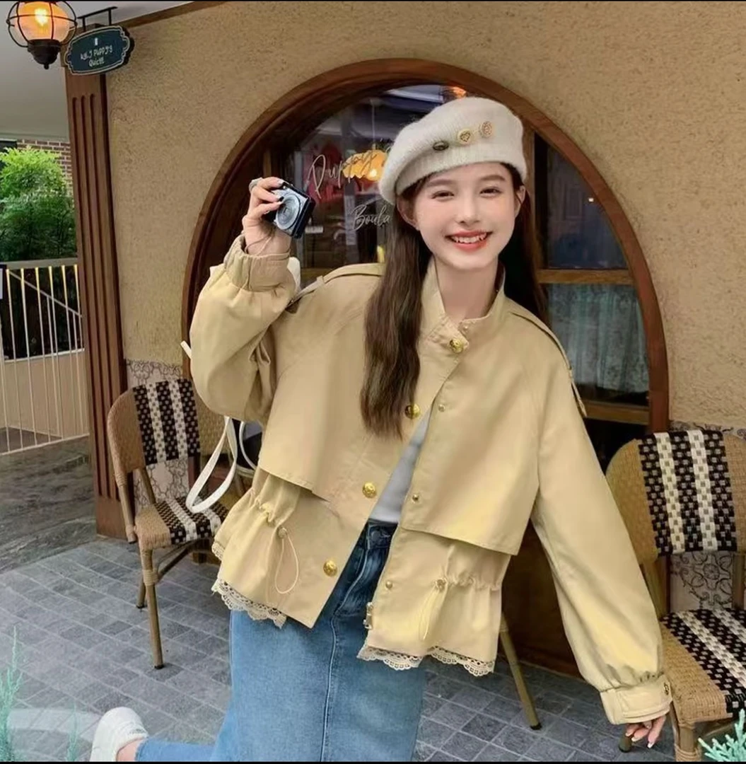 女春秋工装风蕾丝拼接女士短外套风衣