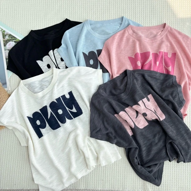 ［春春定制］新款韩版百搭修身显瘦时尚字母小飞袖侧扣针织上衣6448