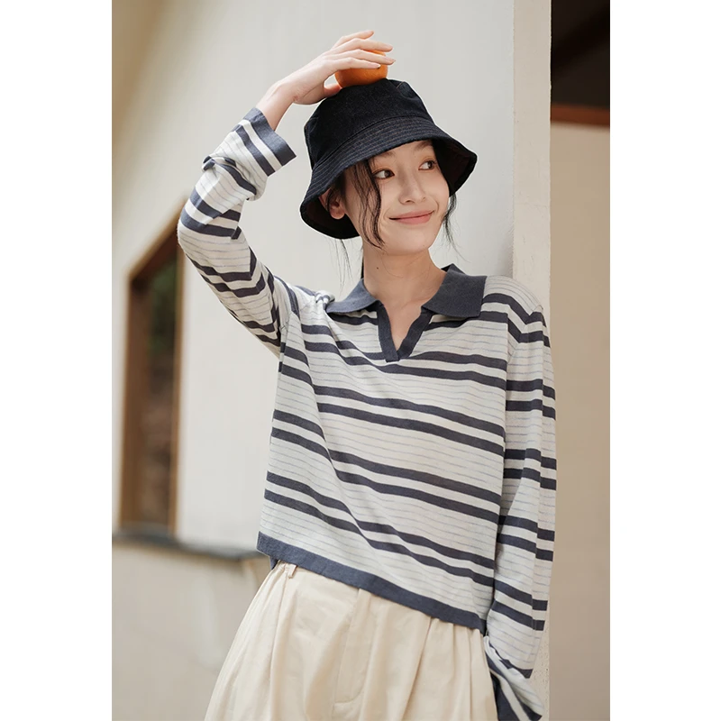 春日伴侣 可然色织呼吸感羊毛针织衫T恤长袖条纹2025春夏新款乔璃
