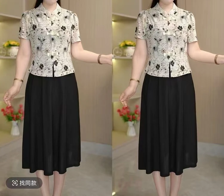 夏季妈妈装新款时尚中式假两件连衣裙遮肉显瘦有气质洋气减龄