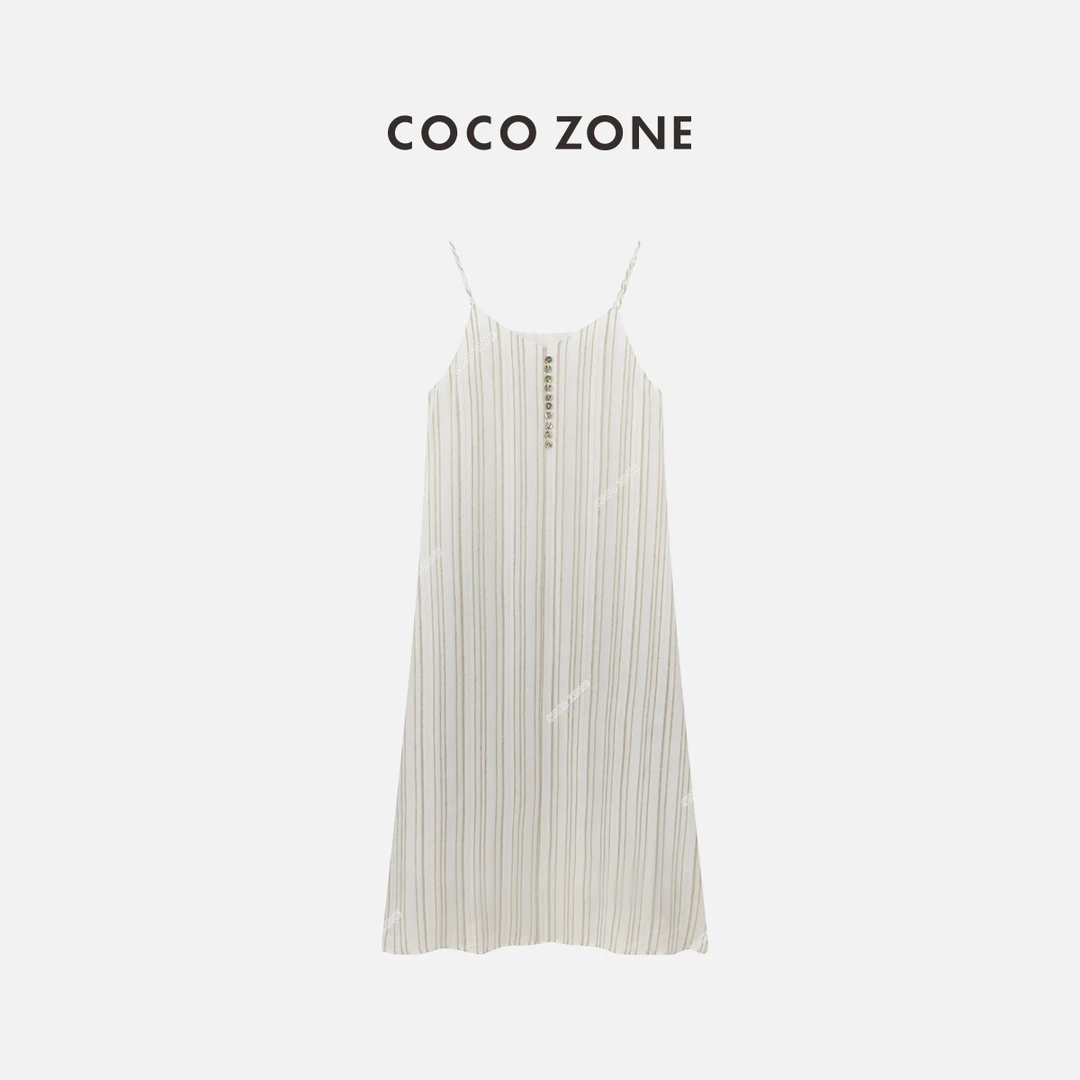 COCO ZONE 刘一一"知否美学"条纹纽扣吊带气质撞色长裙 CC2B0828