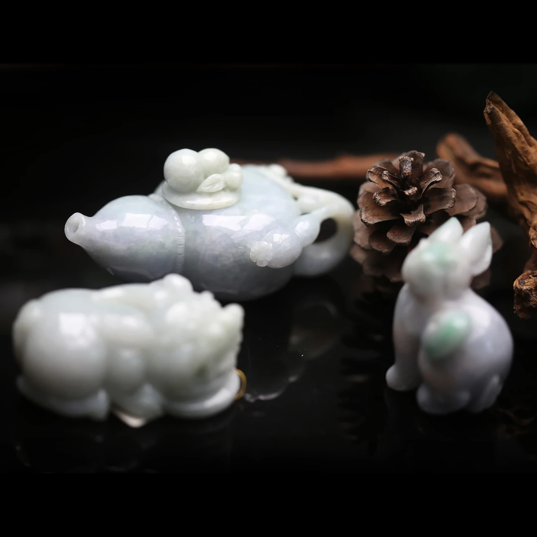 翡翠A货青花貔貅茶壶兔子蜥蜴手工雕刻茶宠摆件国风 多样性发一件