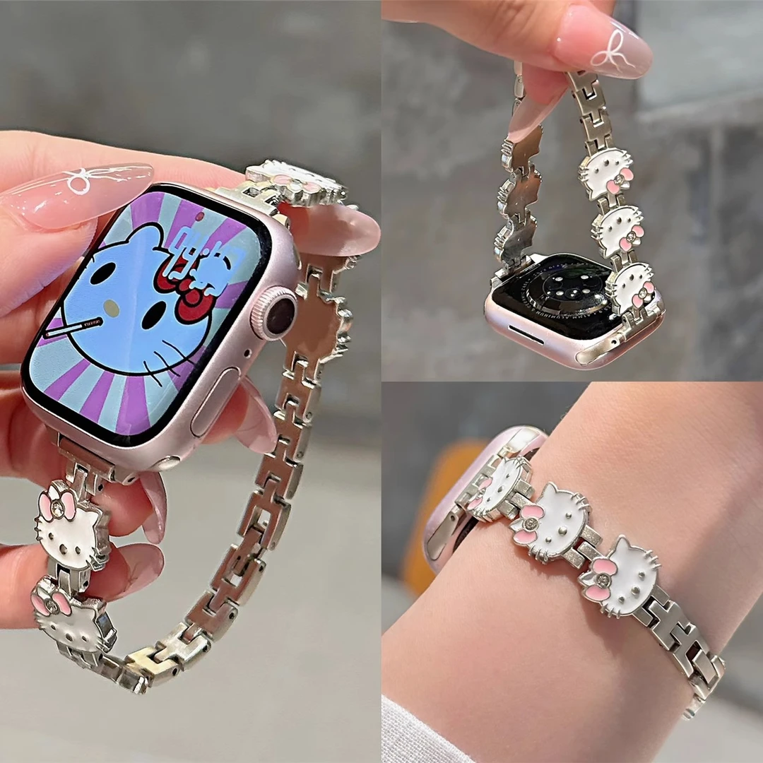 适用苹果手表s10代iwatch可爱KT猫细款手链金属表带applewatch9se