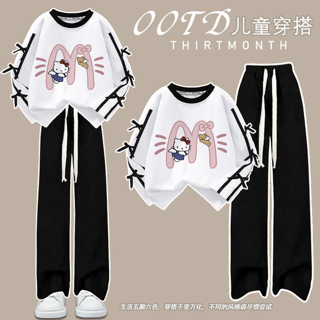 秋季女童卡通凯蒂猫印花蝴蝶结拼接长袖长裤套装洋气学院风两件套