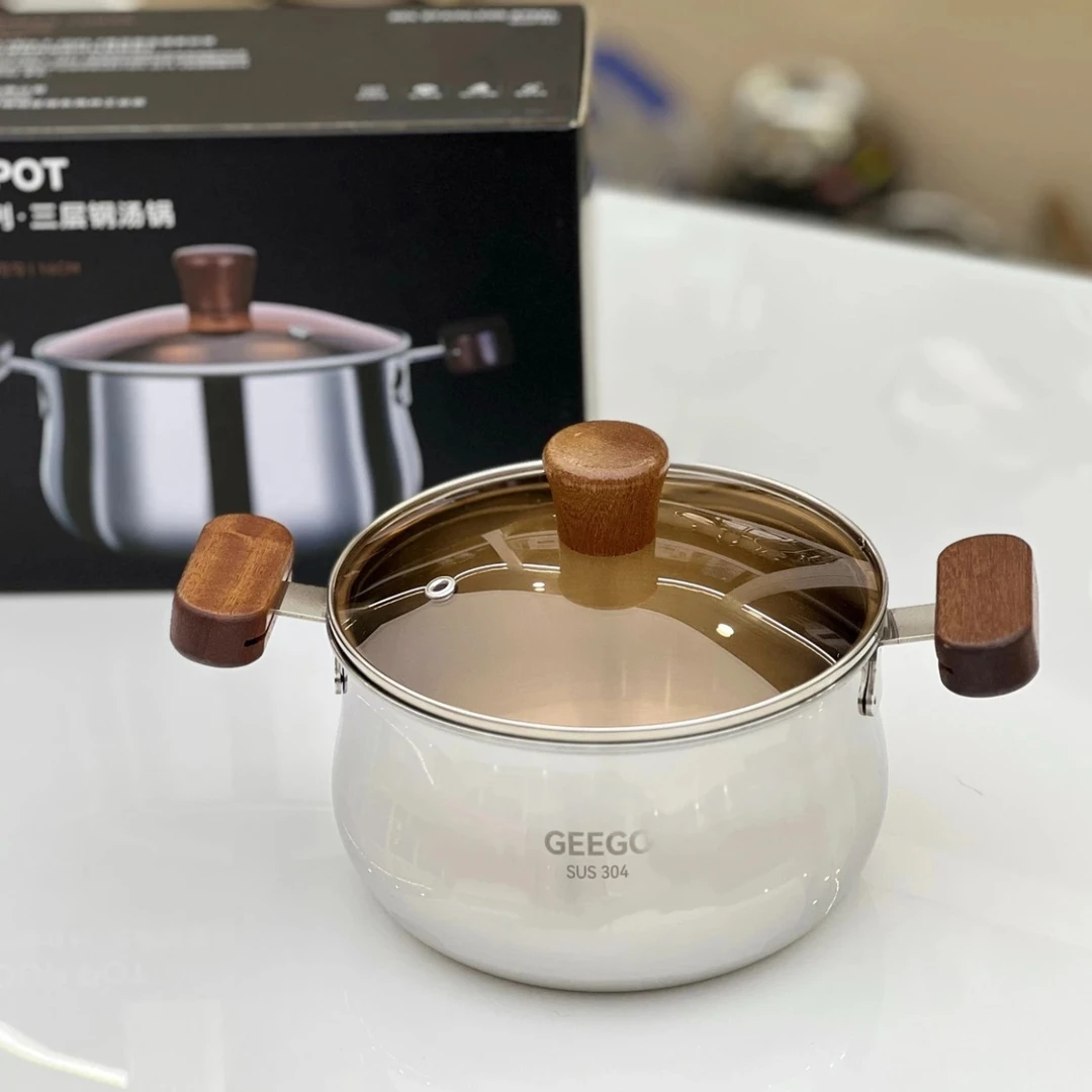 A176-【16cm】304不锈钢双耳胡桃木小锅汤锅小奶锅辅食锅早餐泡面锅