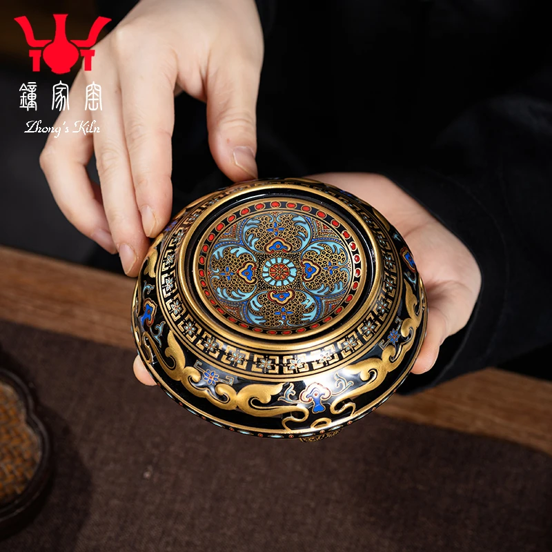 钟家窑陶瓷盖置景德镇手工手绘高档黑金珐琅宝相纹盖置经典收藏品