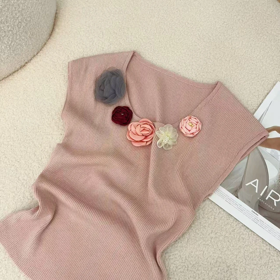 京妮儿推荐 【花开半夏】春无袖立体花朵百搭纯色针织背心打底6038