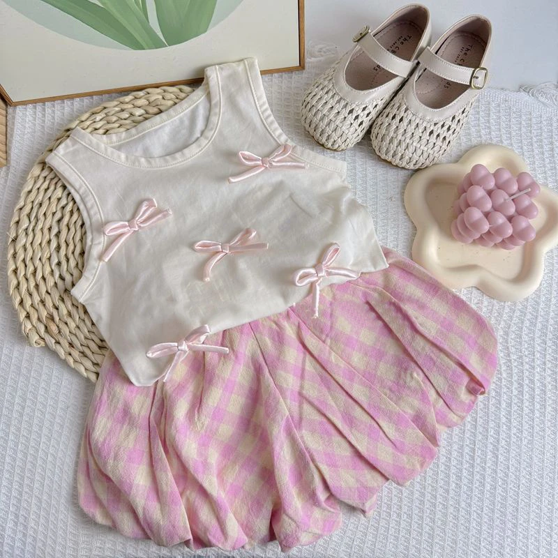 女童套装童装2025夏季韩版甜美蝴蝶结背心粉色格子花苞裤套装童装