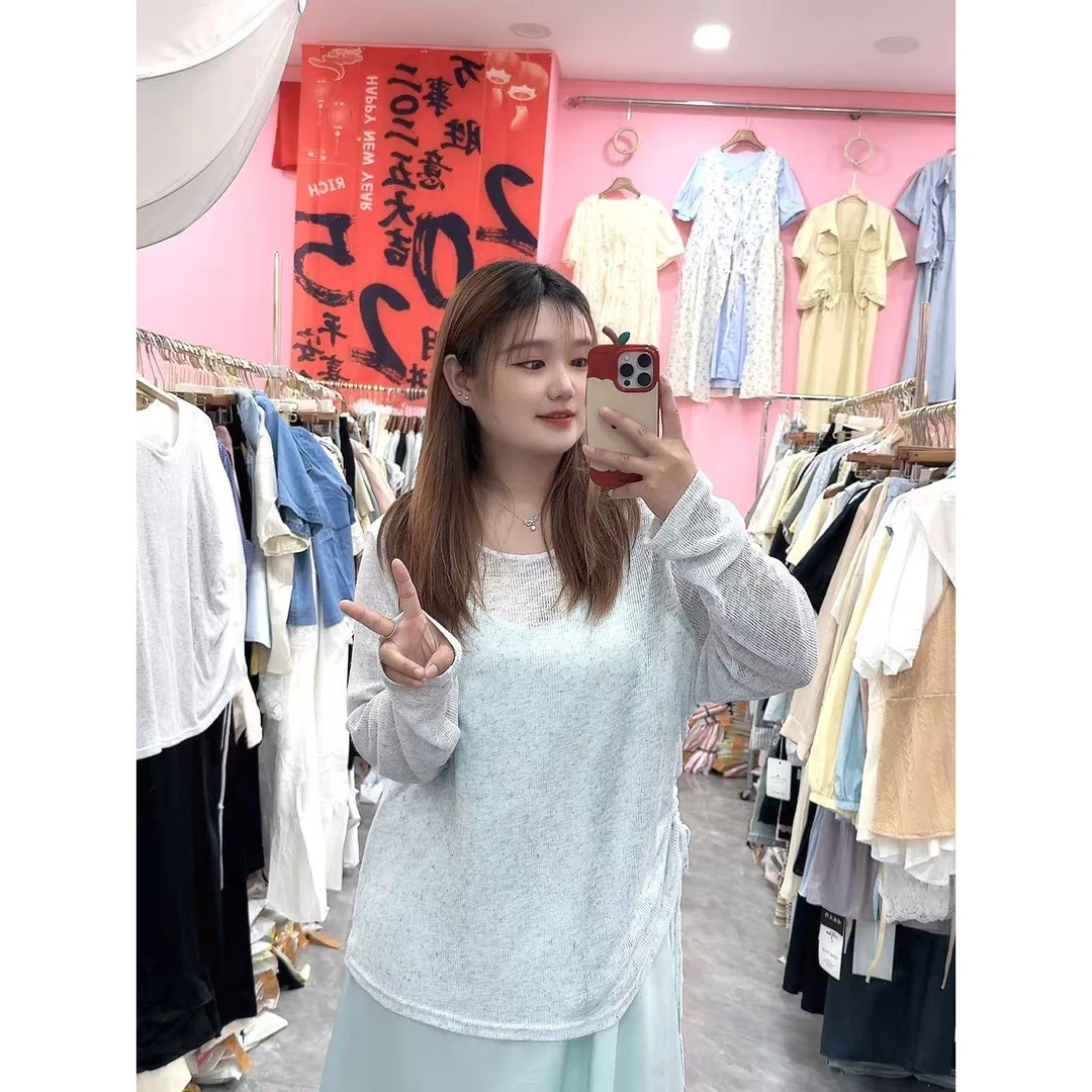 妮妮家68105薄款长袖防晒T恤罩衫吊带连衣裙两件套！