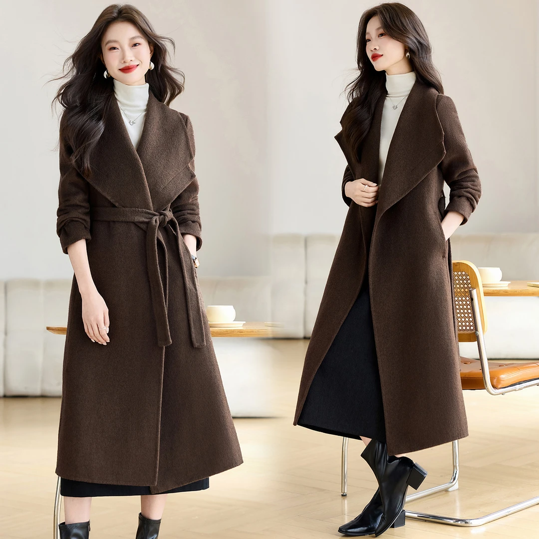 双面羊毛大衣中长款女2025秋冬季高级感时尚翻领百搭收腰显瘦外套