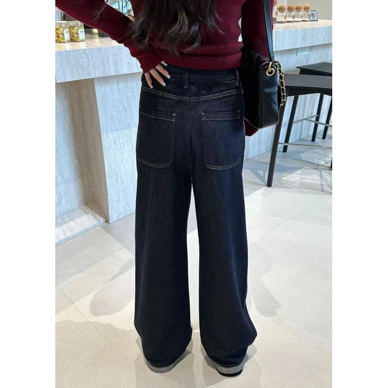 琪琪怪怪大码女装【修容裤】秋季撞色拼接深色高腰牛仔裤P25328QD