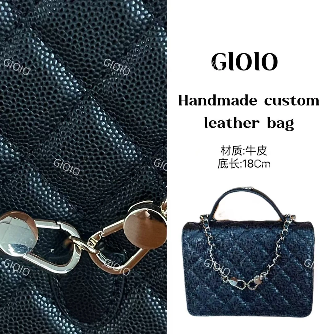 GIOIO手工真皮单肩斜挎包A6922-牛-黑 香小方包-金扣