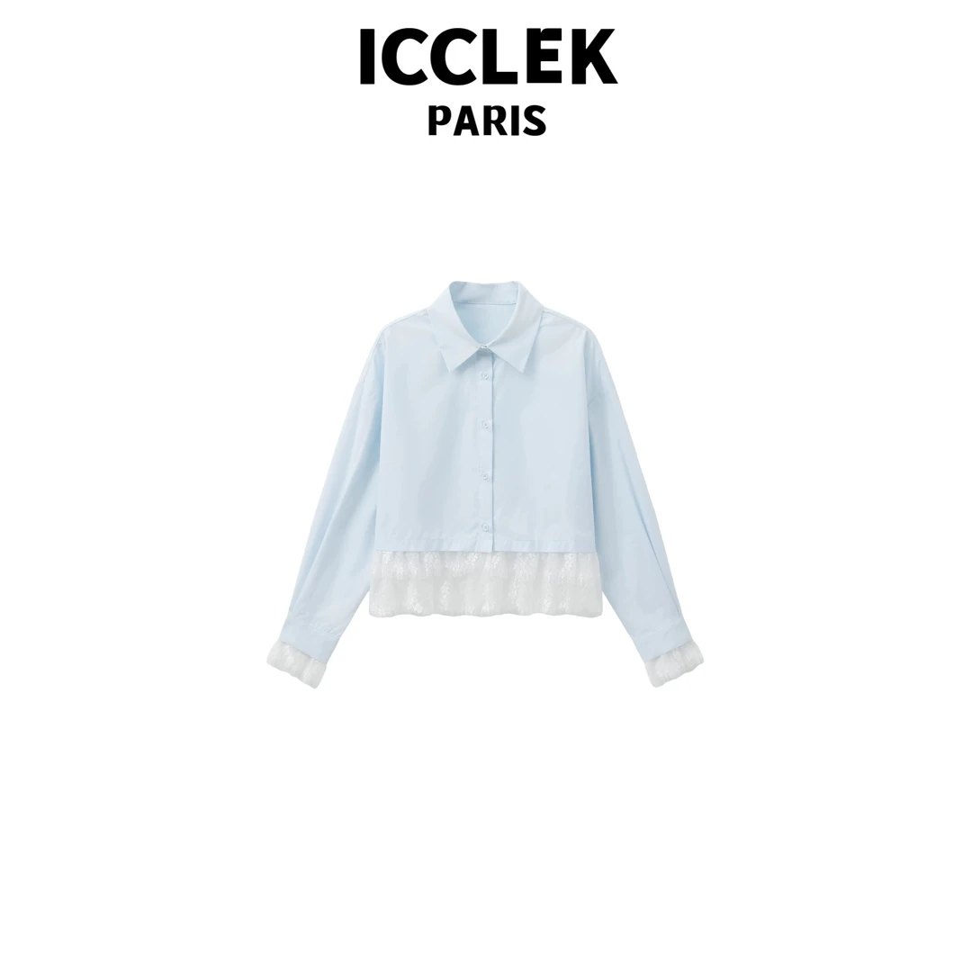 ICCLEK 天蓝色拼接衬衣 百褶 设计感 洋气 气质 -5171
