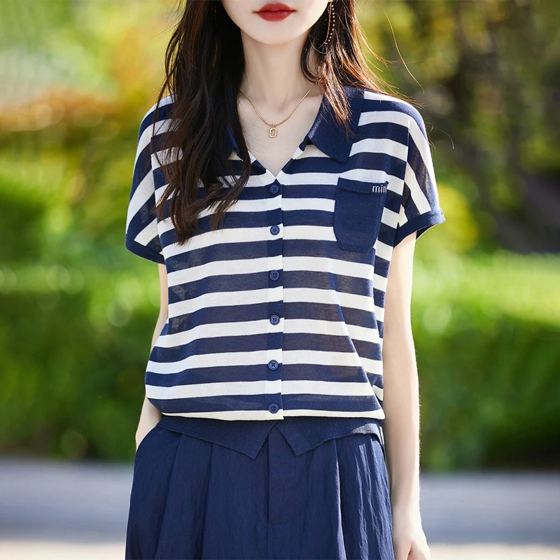 莱赛尔天丝亚麻上衣短袖针织衫女夏装薄款韩系女装翻领条纹NS5113