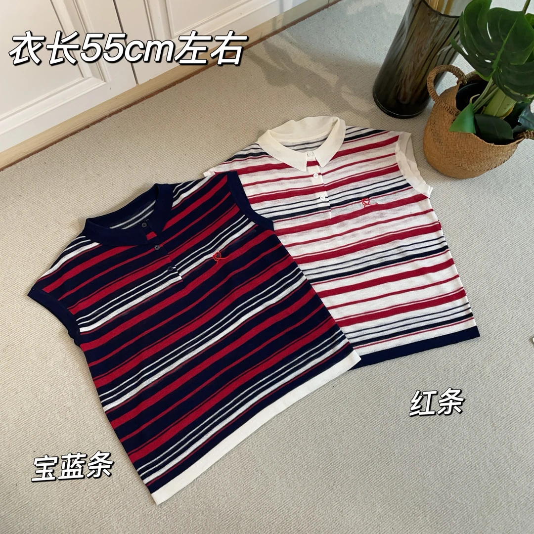 【Si&华严选】小个子针织撞色条纹翻领刺绣显瘦无袖背心上衣MBR893