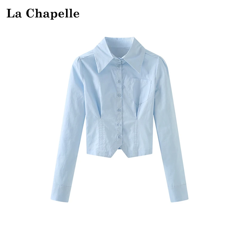 拉夏贝尔春季长袖修身衬衫女短款下摆开叉上衣棉衬衣新款高级时尚