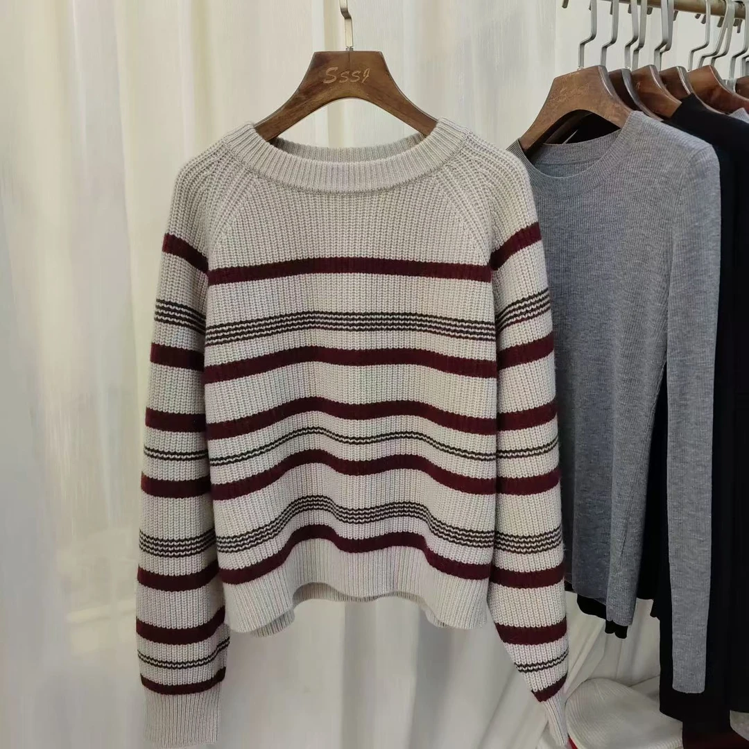 凯特丝蓓#1092 24秋冬季新款圆领条纹插肩袖毛衣针织开衫百搭款