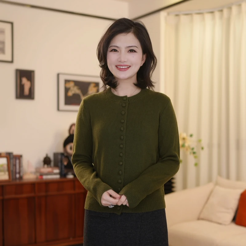 枫竺阿楠anan 浮生若梦 纯羊毛圆领布扣长袖针织开衫女冬保暖毛衣