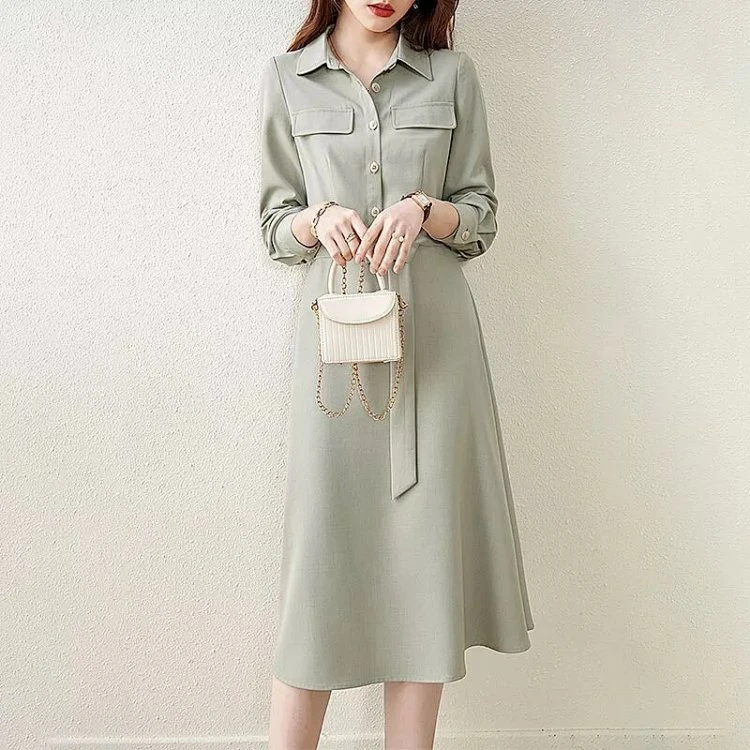 *梵希蔓秋温柔职场范翻领收腰A字连衣裙V1517/F6287