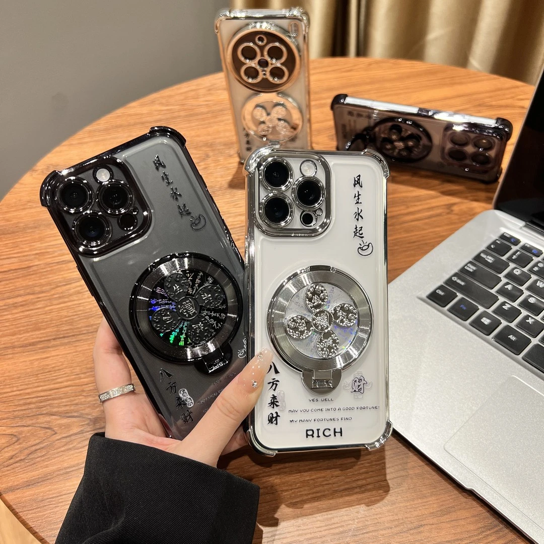 风生水起支架手机壳适用苹果华为荣耀OPPO小米vivo四角电镀防摔壳