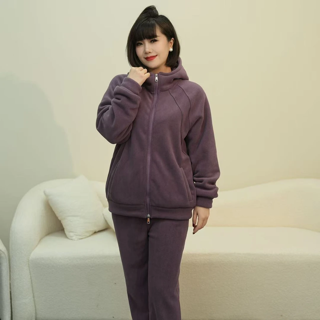 秋冬加绒加厚保暖套装居家连帽套装睡衣服饰