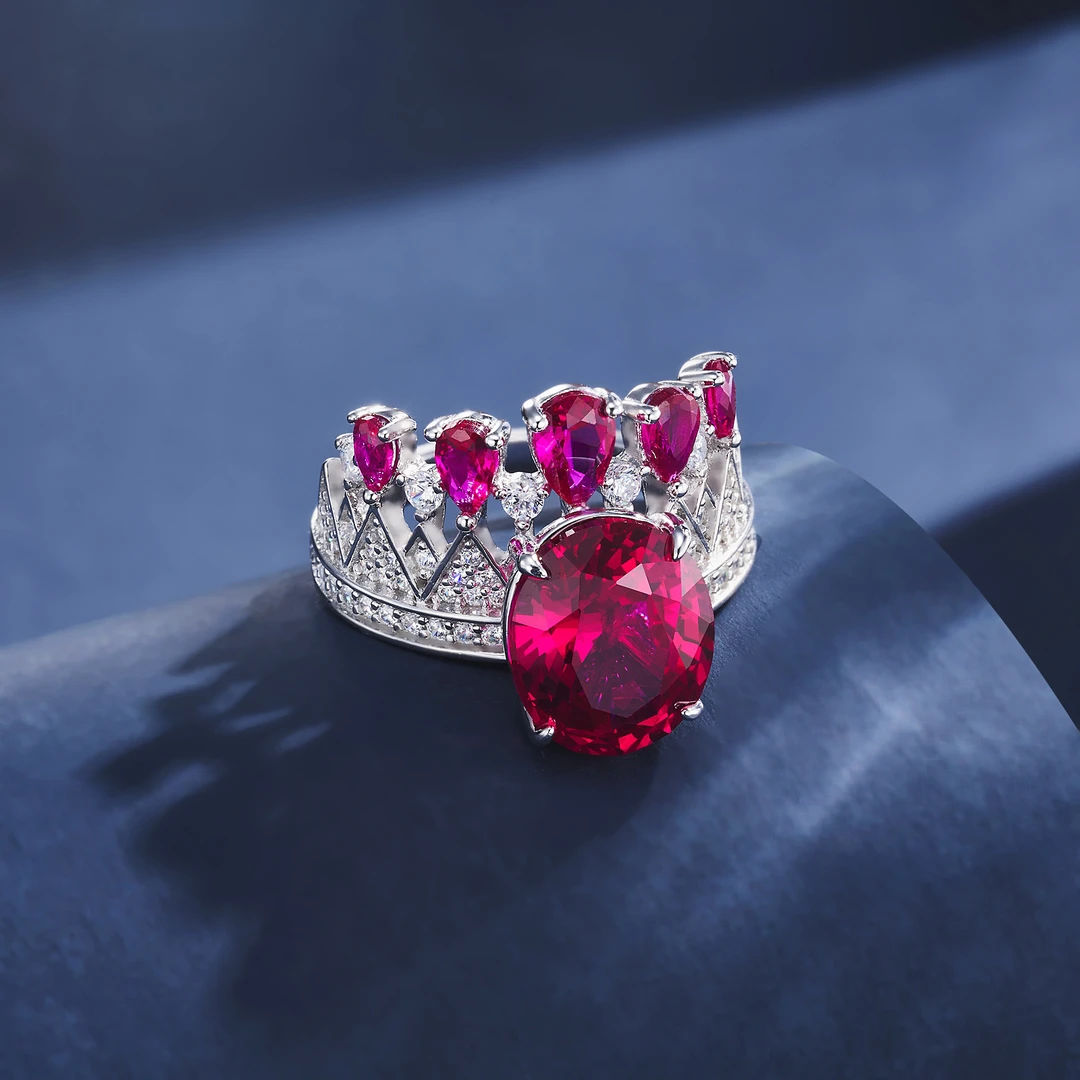 925银戒指 时尚精美培育红宝皇冠银戒指02275