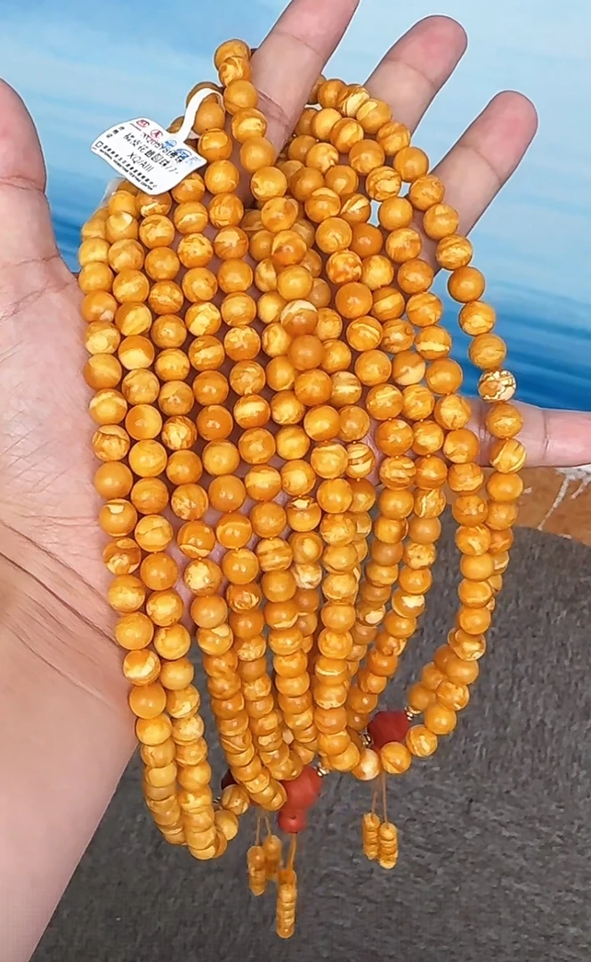 【齐福珠宝】XQ0898/7mm天然琥珀蜜蜡橘皮圆珠佛珠(多样性发其一）