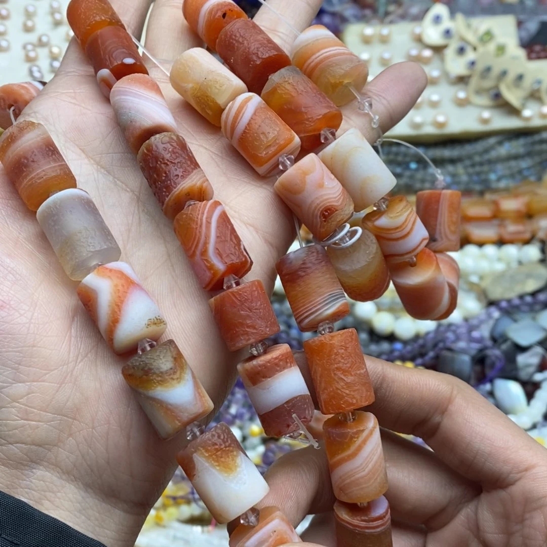 玛瑙/玉髓未镶嵌珠宝半成品三个天然橘皮老玛瑙桶珠