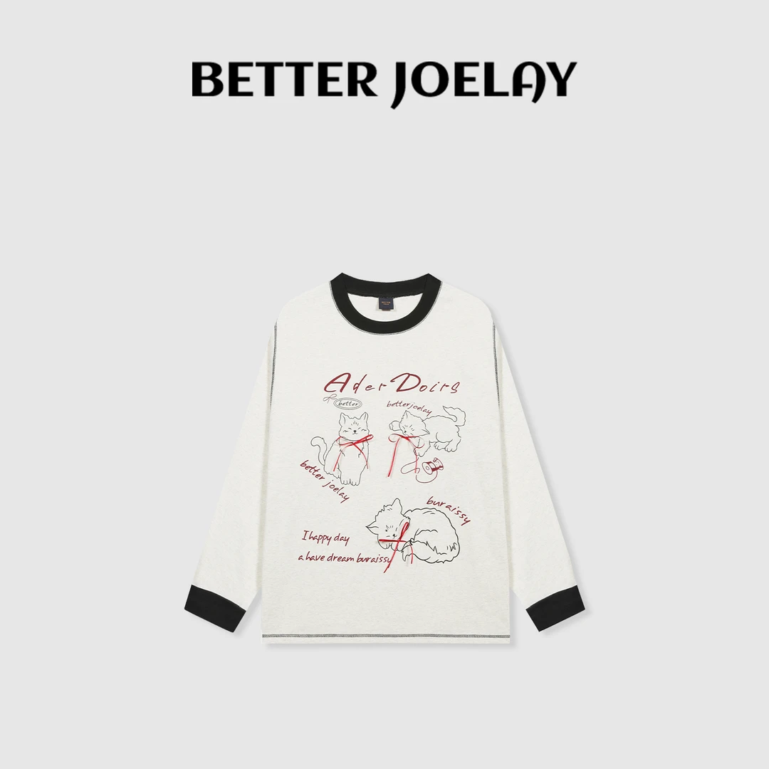 BETTER JOELAY-【猫咪红丝带】时尚百搭休闲T恤长袖慵懒简约KH1289