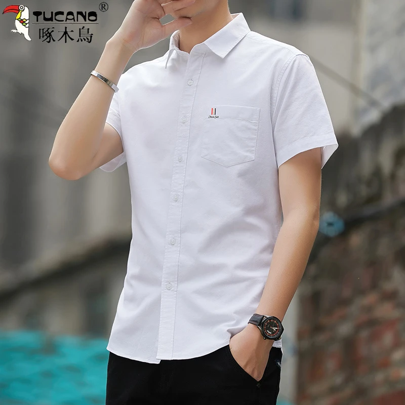 TUCANO/啄木鳥夏季男士纯棉短袖polo白色衬衫全棉水洗牛津纺衬衣