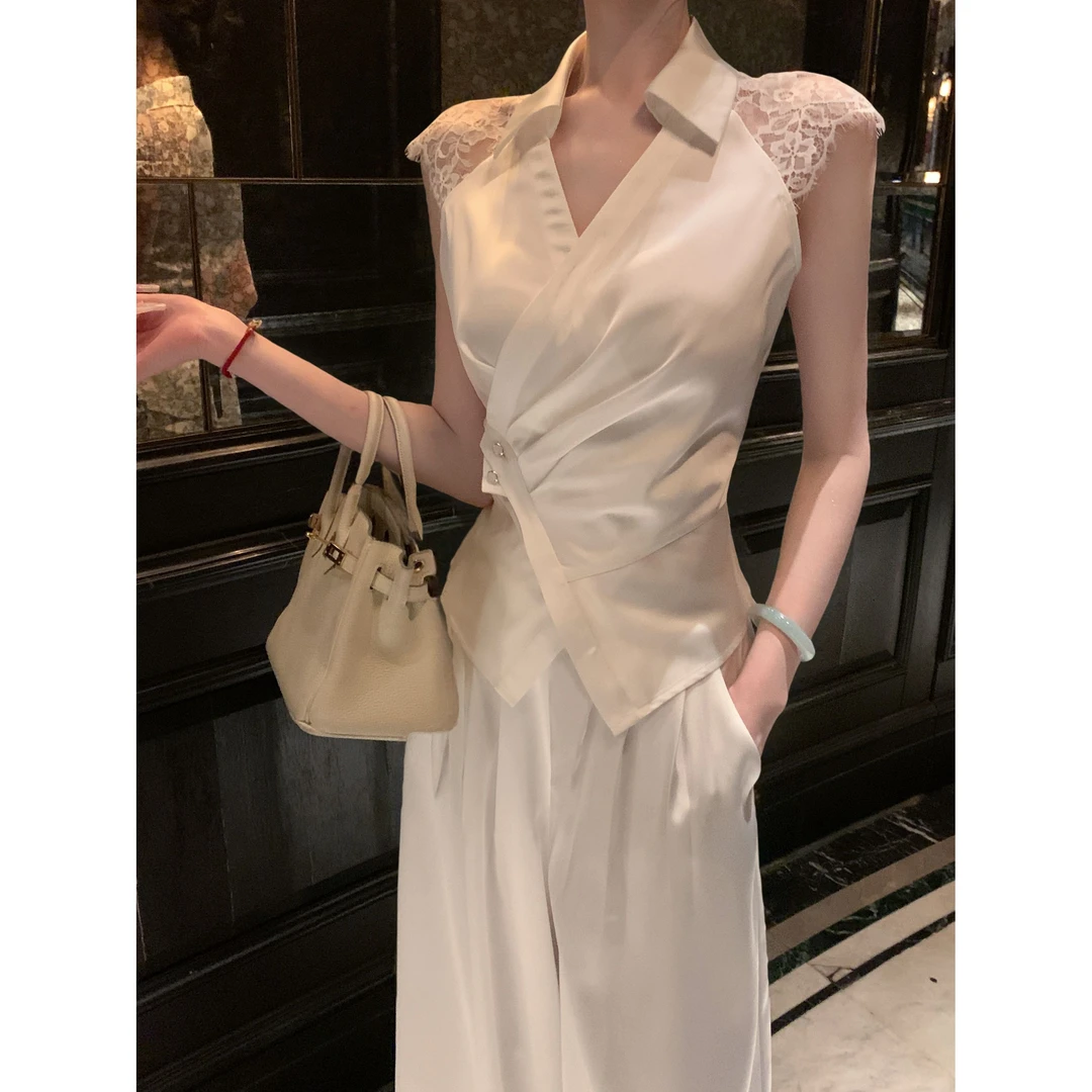 【雅乔定制】大女主气质无袖V领缎面衬衫阔腿裤两件套DYJJ-25030858