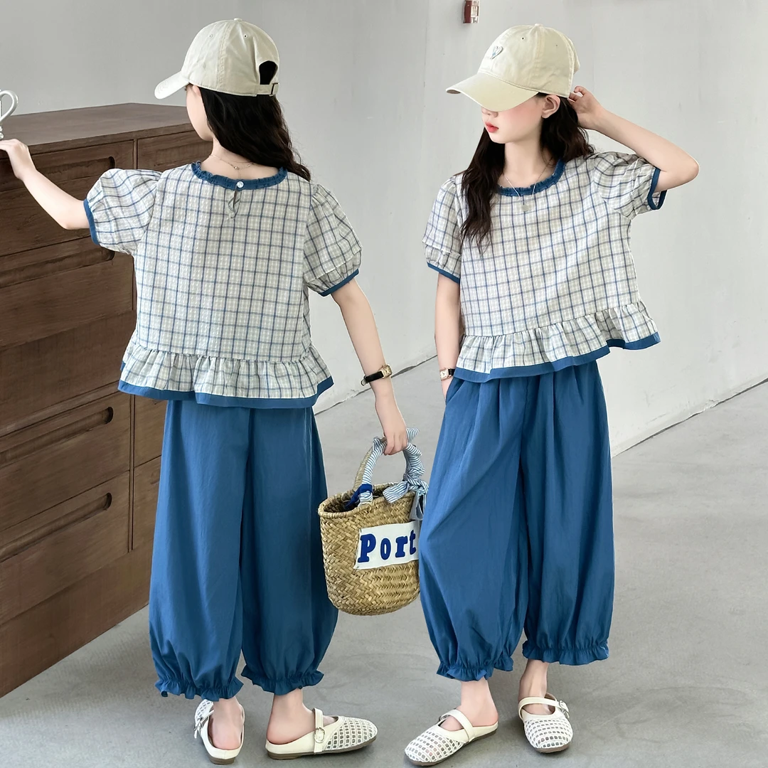 女童夏装格子套装2025新款洋气中大童夏季6-12岁韩版九分裤两件套