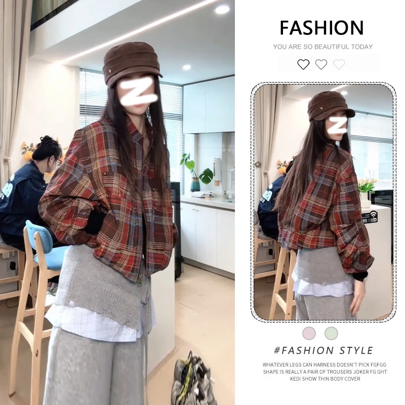 超好看格纹撞色外套女2025秋冬新款慵懒宽松外穿加绒加厚工装夹克