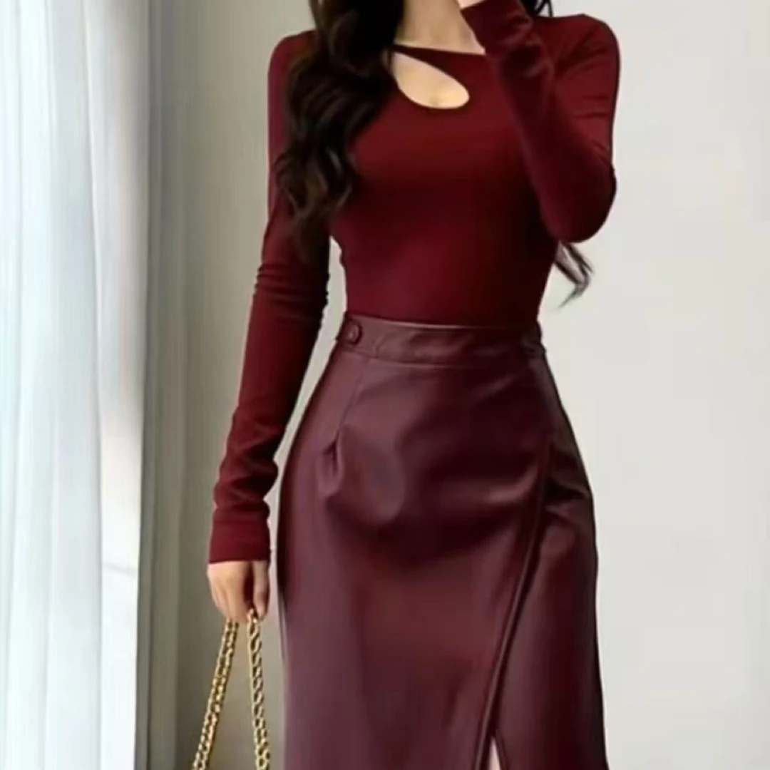 辣妹复古风上衣搭配皮裙秋冬套装女